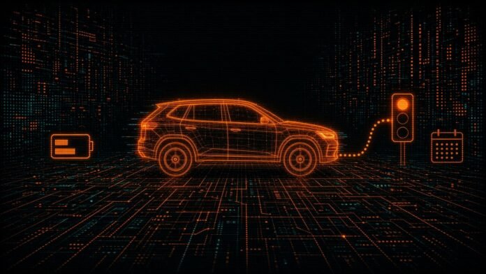 A glowing amber wireframe SUV beside a two-level battery glyph, with a dotted road to a traffic light and a dotted-border calendar page.