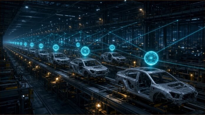 Illustration of unbranded car bodies on a factory assembly line at night, with glowing assistant orbs above the line linked by thin teal lines of light