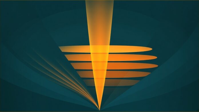 Illustration of VOLTA infostealer concept in teal and amber: an amber prism sorting scattered streaks of light into ranked bands on deep teal.