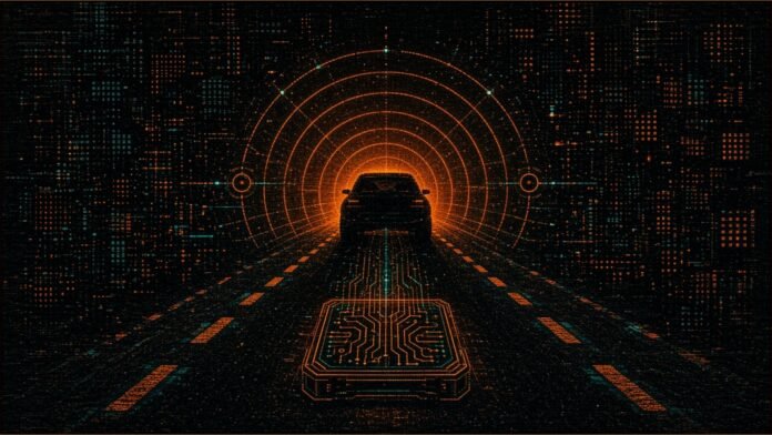 Cypherpunk car silhouette with a sensor halo of arcs feeding a glowing compute brick on a dark road vanishing point