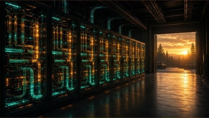 Illustration of rows of liquid-cooled GPU racks in a data hall, with evening light at an open bay door