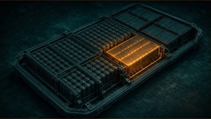 VW Prepares ID. EV Battery Cell Recall in Germany | TSN An electric vehicle battery pack with one module glowing amber.