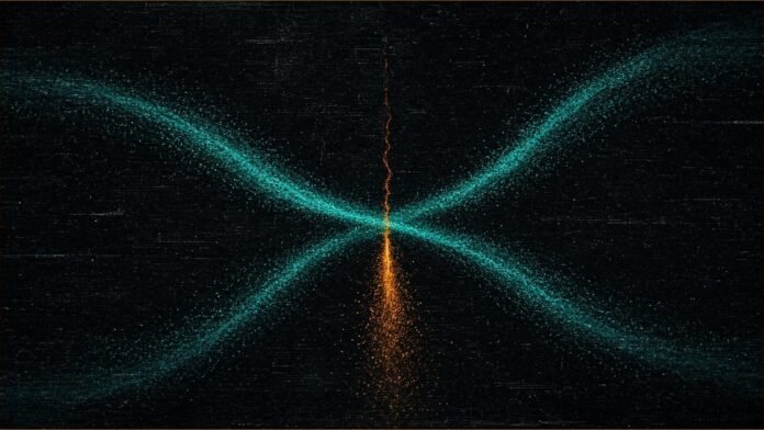 Illustration of two teal particle streams crossing, with amber particles spilling from the crossing point.