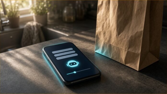 Illustration of a smartphone showing a small robot icon and a limit slider beside a paper grocery bag on a kitchen counter