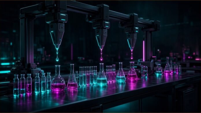 Illustration of an automated night-time chemistry bench where abstract pipette heads on an overhead gantry drip teal and magenta liquid into rows of vials