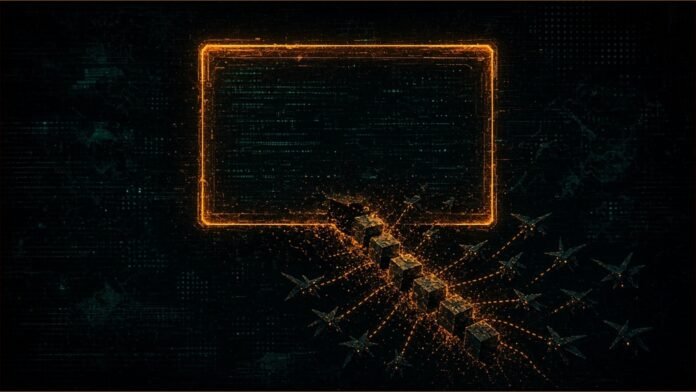 Illustration of a cracked terminal window with a swarm of small shapes pulling glowing log lines through the crack