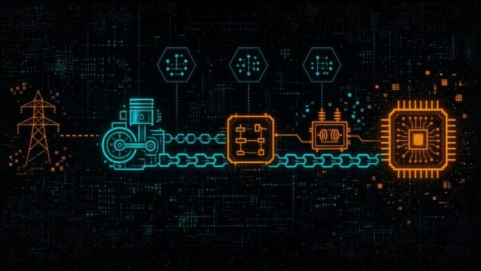 Symbol-only illustration of a chain running from an engine through switchgear and a transformer to a glowing chip, with three hexagons above it and a disconnected grid tower at the far left.