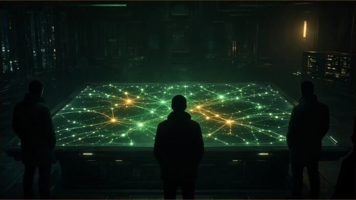 Watchtower Labs Raises $35m for Military AI Planning | TSN Illustration of silhouetted figures standing around a table that glows with a network map of linked points