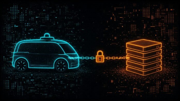 Symbol-only illustration of an autonomous van outline joined by a chain and padlock to a stack of ledger slabs.