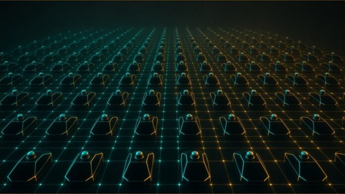 Illustration of rows of driverless car silhouettes with roof sensors on a glowing grid.