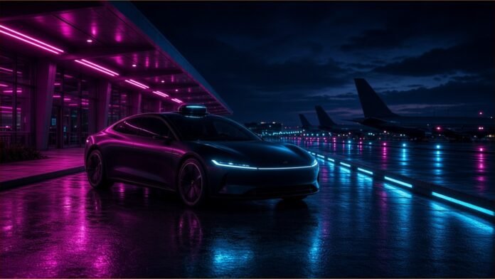 Waymo Starts Rides at Las Vegas Airport | TSN Illustration of a driverless car with a glowing roof sensor at a neon-lit airport kerb at night