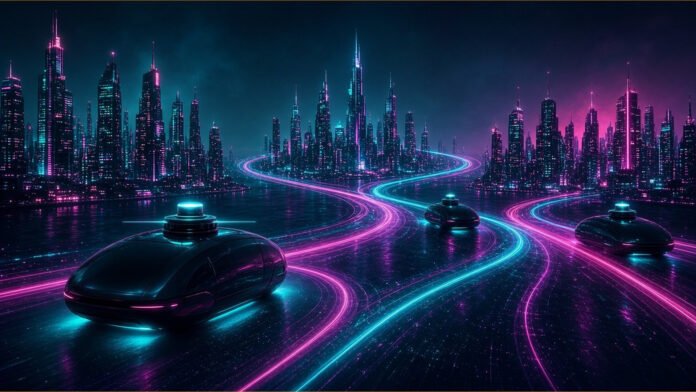 Three glowing city-grid tiles joined by a route line with a small sensor-dome icon gliding along it