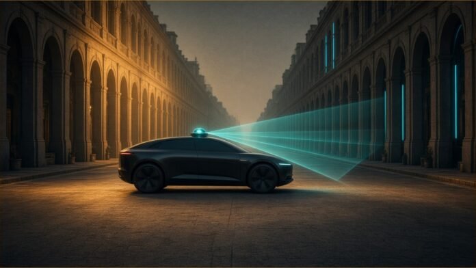 Illustration of a driverless electric SUV with a roof sensor dome scanning an arcaded boulevard.