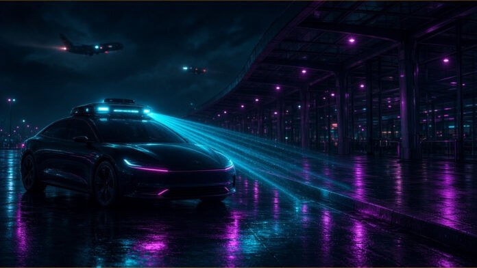 Sensor-domed car silhouette gliding along a glowing road towards a runway under an aircraft light trail