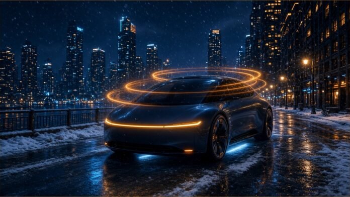 A driverless car ringed by amber light on a snowy city street at night.