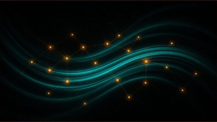 Waymo illustration: sweeping teal light trails crossed by a sparse network of amber pulses
