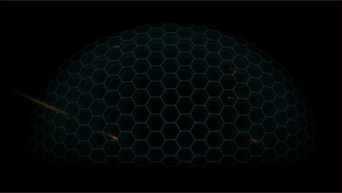 Illustration of a teal hexagonal mesh dome with amber sparks glancing off it.