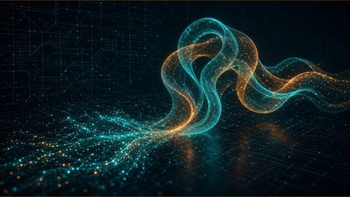 Westlake's Pinal Designs Proteins From Text | TSN Illustration of a glowing teal and amber ribbon-like protein fold rising from a stream of light particles over a dark circuit lattice
