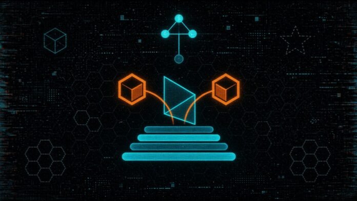 Symbol-only illustration of a three-node brain cluster above two hexagon nodes passing a folded cloth glyph between them, over four overlapping bars, with a wireframe cube and a dashed star.