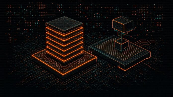 Two amber-edged chip structures on a dark circuit grid: a stacked tower of thin memory layers on a base slab, and a compute die with a small controller block being lifted out and slotted in.