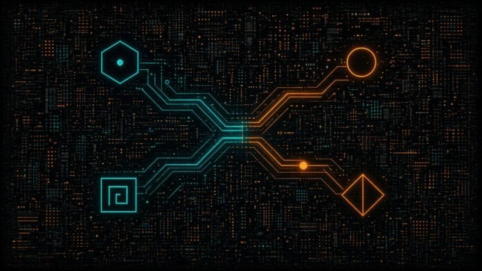 A circuit-board crossroads where one glowing cyan trace splits into four paths, each ending in a different simple geometric glyph.