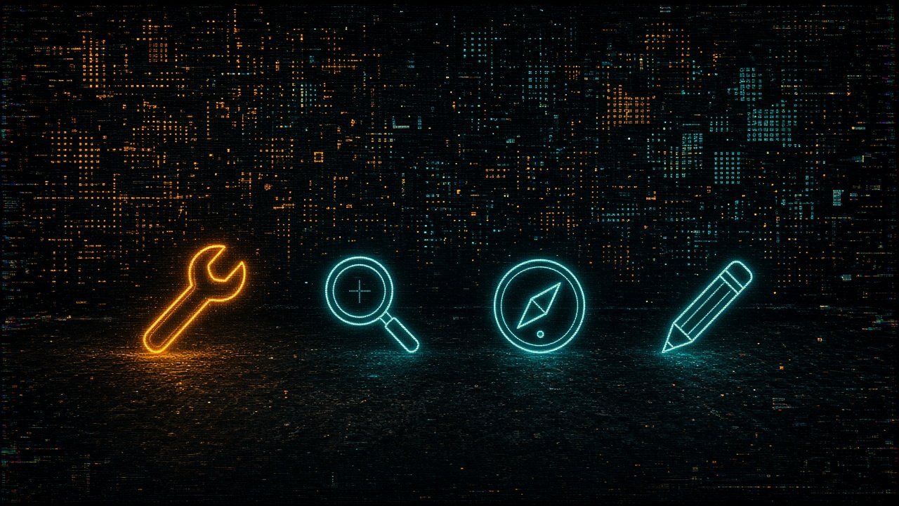 Four different glowing tools on a dark workbench: a wrench, a magnifying glass, a compass and a pencil, one outlined in amber.
