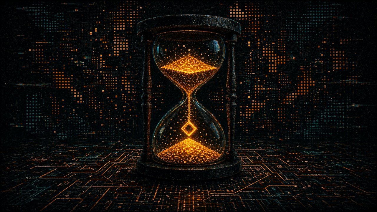 An hourglass filled with tiny glowing circuit squares falling through the neck, one amber square mid-fall.