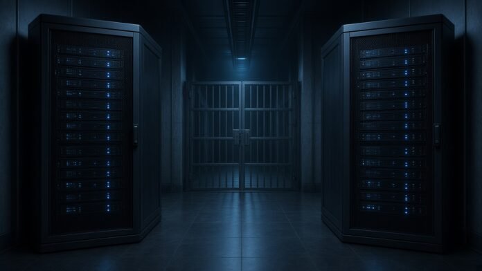 Two sealed server racks facing each other with a closed gate between them