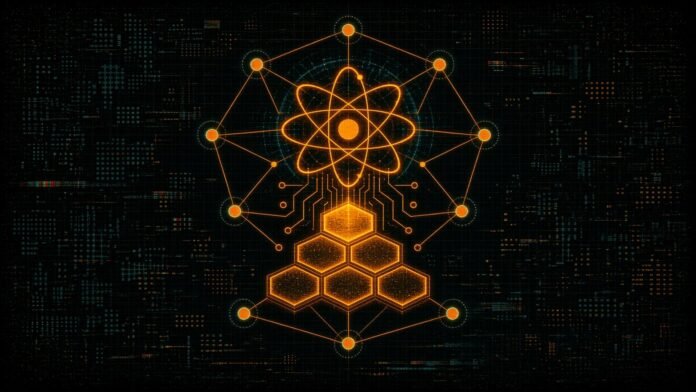 Stacked hexagonal credit tiles feeding an atom-and-circuit emblem ringed by eleven linked nodes.
