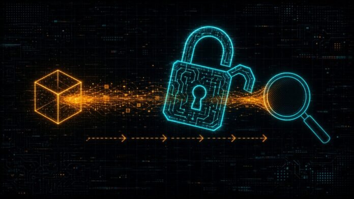 Symbol-only illustration of an open cyan circuit padlock with an orange data stream flowing from a glowing cube through it to a magnifying lens.