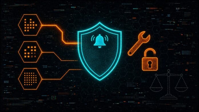 Symbol-only illustration of a shield topped with an alarm bell, fed by wires from three hexagon nodes with one wire lit, beside a wrench and an open-hasp padlock, with an empty dashed balance scale at the lower right.