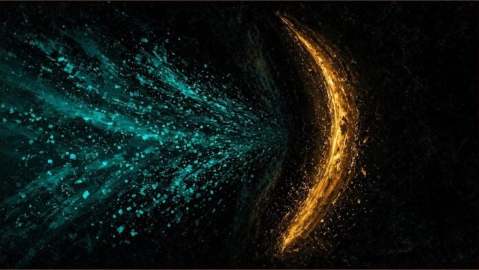 Wikimedia Amicus Brief Splits AI Training From RAG | TSN Illustration of Wikimedia amicus brief concept in teal and amber: streams of teal light fragments flowing toward a curved amber arc of light on a dark background.