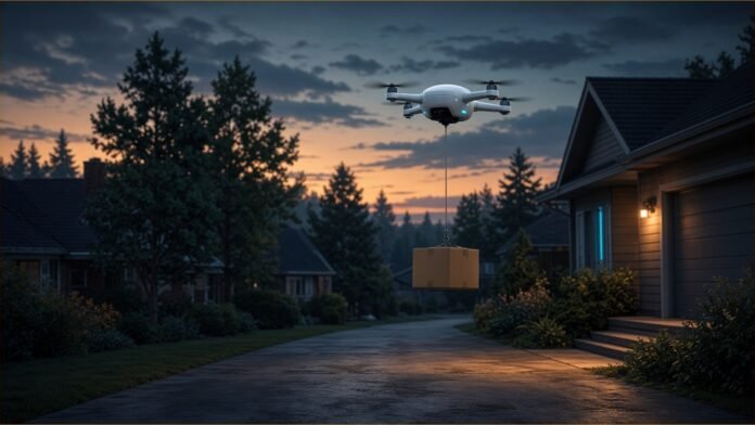 Wing and Walmart Launch Charlotte Drone Delivery | TSN Illustration of a white delivery drone lowering a parcel on a tether over a suburban driveway at dusk