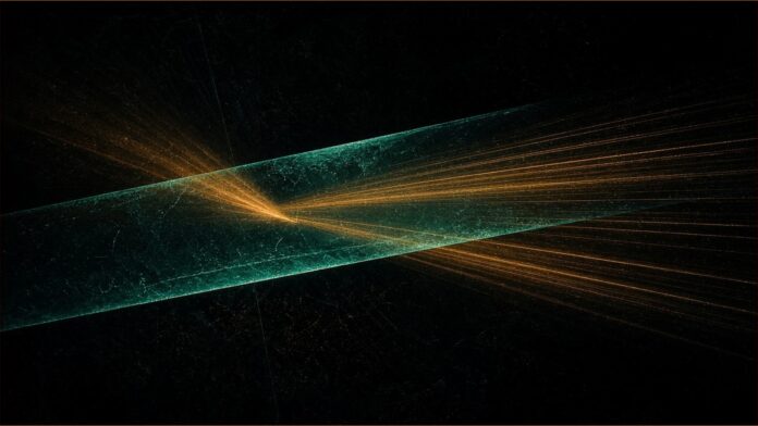 Illustration of transparent silicon carbide concept in teal and amber: a translucent teal glass-like band with fine amber light rays refracting through it.
