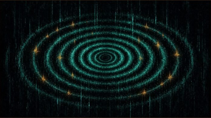 Woodland Bat Survey: AI Logs 98m Calls in England | TSN Illustration of woodland bat survey concept in teal and amber: concentric teal ripples spreading across a dark field of vertical teal streaks, marked with small amber pulses.