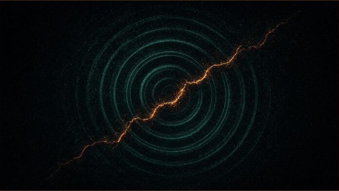 WordPress 7.1.4 Fixes Update Flaw Attackers Probe | TSN Illustration of WordPress 7.1.4 concept in teal and amber: concentric teal rings of fine noise cut through by a jagged amber fracture line.