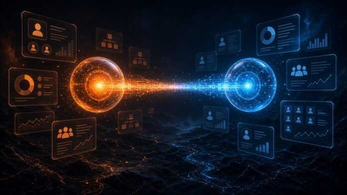 Two glowing agent hubs exchanging data across a bridge of protocol links