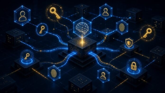 Glowing keycards for people and AI agents feeding into a central lock ring