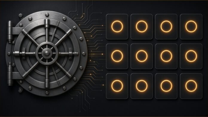 World ID for Banking and Zoom Now Available | TSN Illustration of a steel vault door beside a grid of video-call tiles, each tile marked with a glowing ring badge.