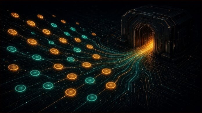 Chain of glowing coin tokens flowing through a narrow funnel into a shadowed box