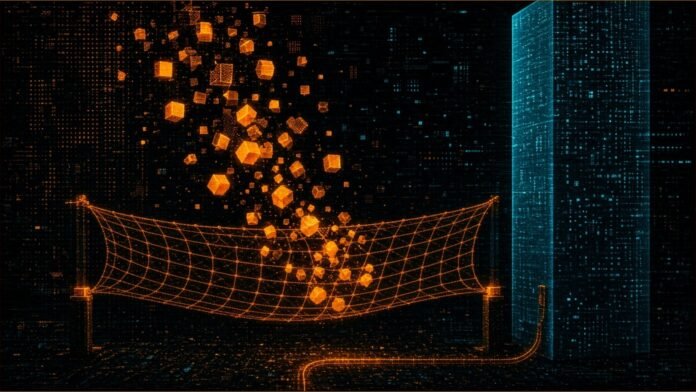 Wyden Drafts AI Jobless Aid and Data Centre Tax Bills | TSN Illustration of a glowing safety net catching falling cubes, fed by a pipe from a server tower