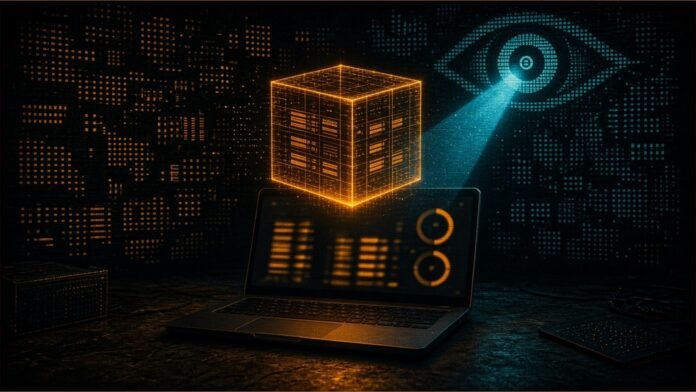 X Money Deep Report Bot for Grok Bot: A Guide | TSN Illustration of a laptop showing blurred abstract charts beneath a glowing amber vault cube, watched by a cyan eye shape