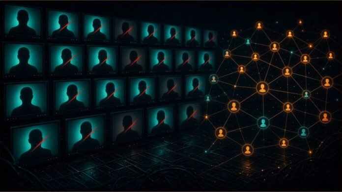 Illustration: a swarm of identical faceless profile-circle icons linked by thin red threads, several of them blinking out into dark squares, over a faint ballot-box outline, red, white and blue tones on black.