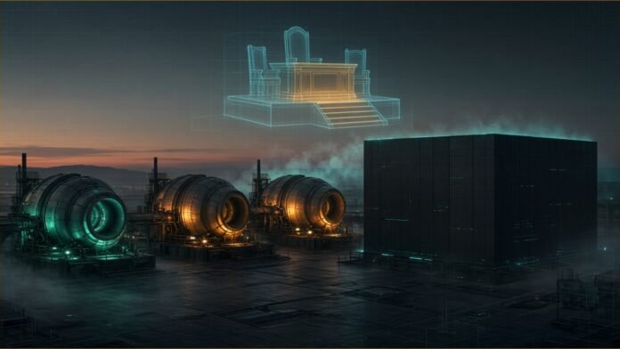 Illustration of gas turbine housings beside a dark data-centre block at dusk, with a translucent courtroom bench hovering above.