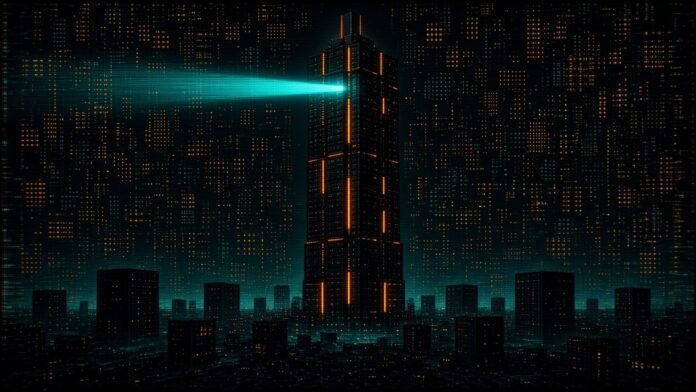 xAI (now SpaceXAI): The Last 12 Months in Review and Roadmap Dark cyberpunk cityscape of glowing orange window grids with a tall black tower at the centre, struck by a cyan beam of light from the left.
