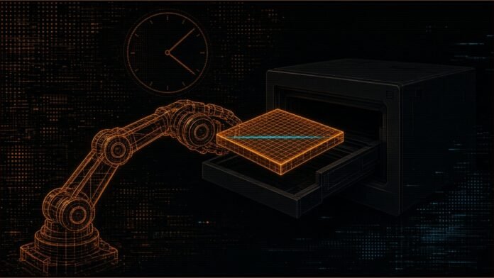 Illustration of a robot arm loading a sample plate into a lab instrument