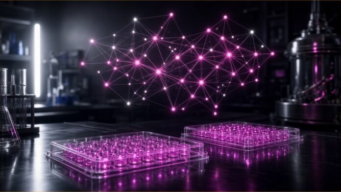 Illustration of glowing magenta well plates on a lab bench beneath a hovering network of connected nodes