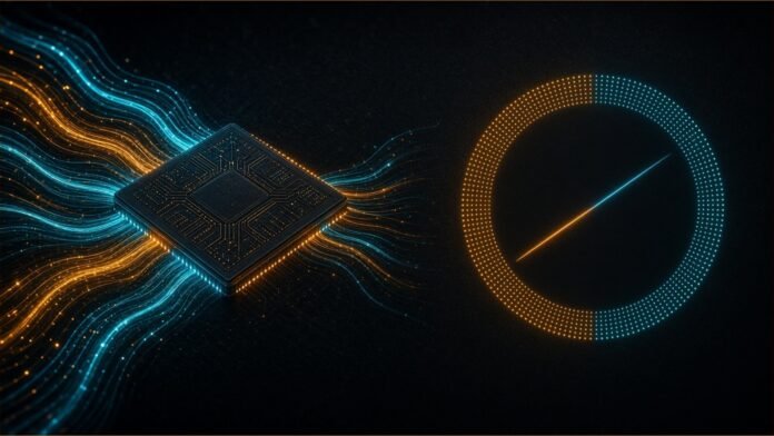 Illustration of light beams weaving through a photonic chip beside a half-filled dotted gauge.