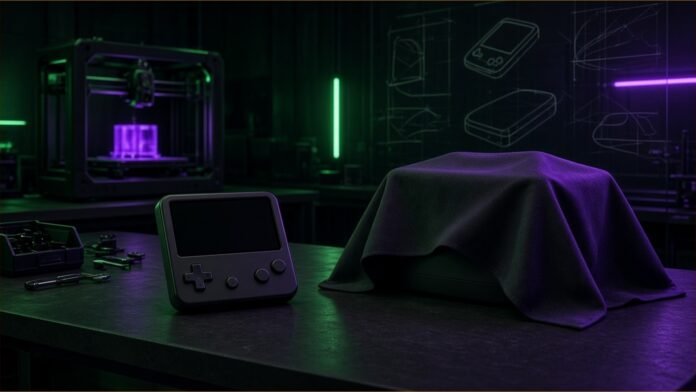 Xbox Reportedly Plans 2027 Handheld, 2028 Console | TSN Illustration of an unbranded handheld games prototype beside a console-shaped object under a sheet in a design lab