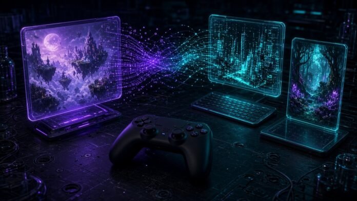 Game controller glowing beside code streams porting a game between screens